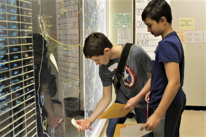 Two students holding papers interact with a wall map in the Emergency Government Situation Centre of the Diefenbunker.