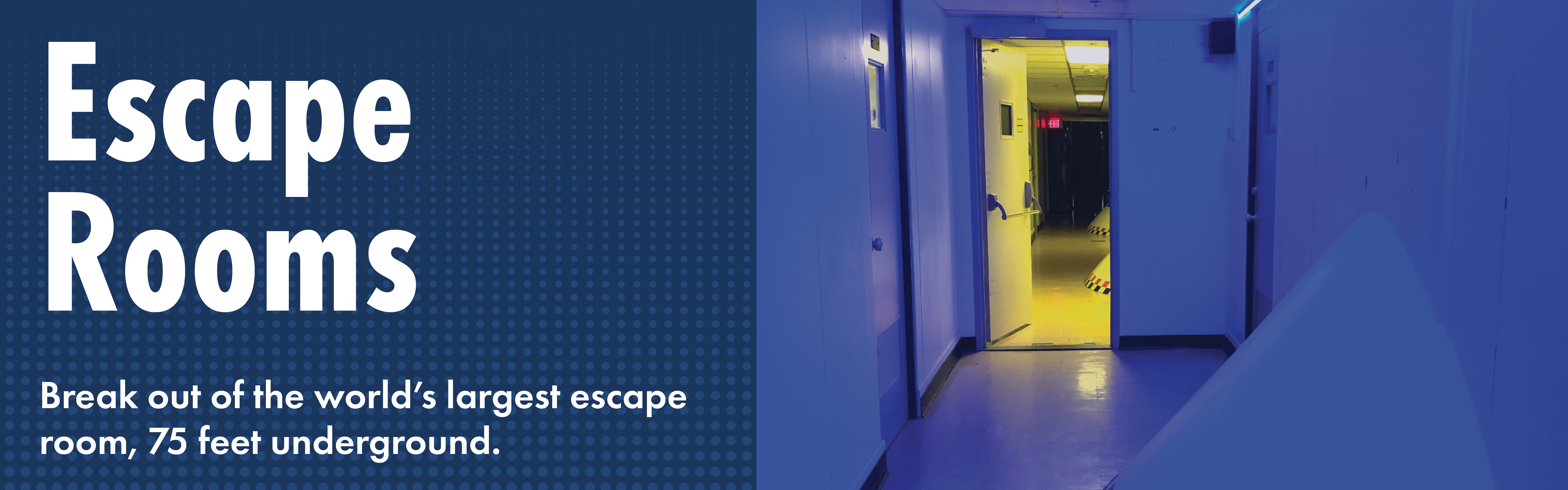 Diefenbunker Escape Rooms banner with image of an empty hallway and glowing light at the end.