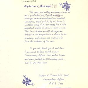 Christmas message from Commanding Officer Lieutenant-Colonel W.R. Scott from CFS Carp Soldiers' Christmas Dinner in 1976. 