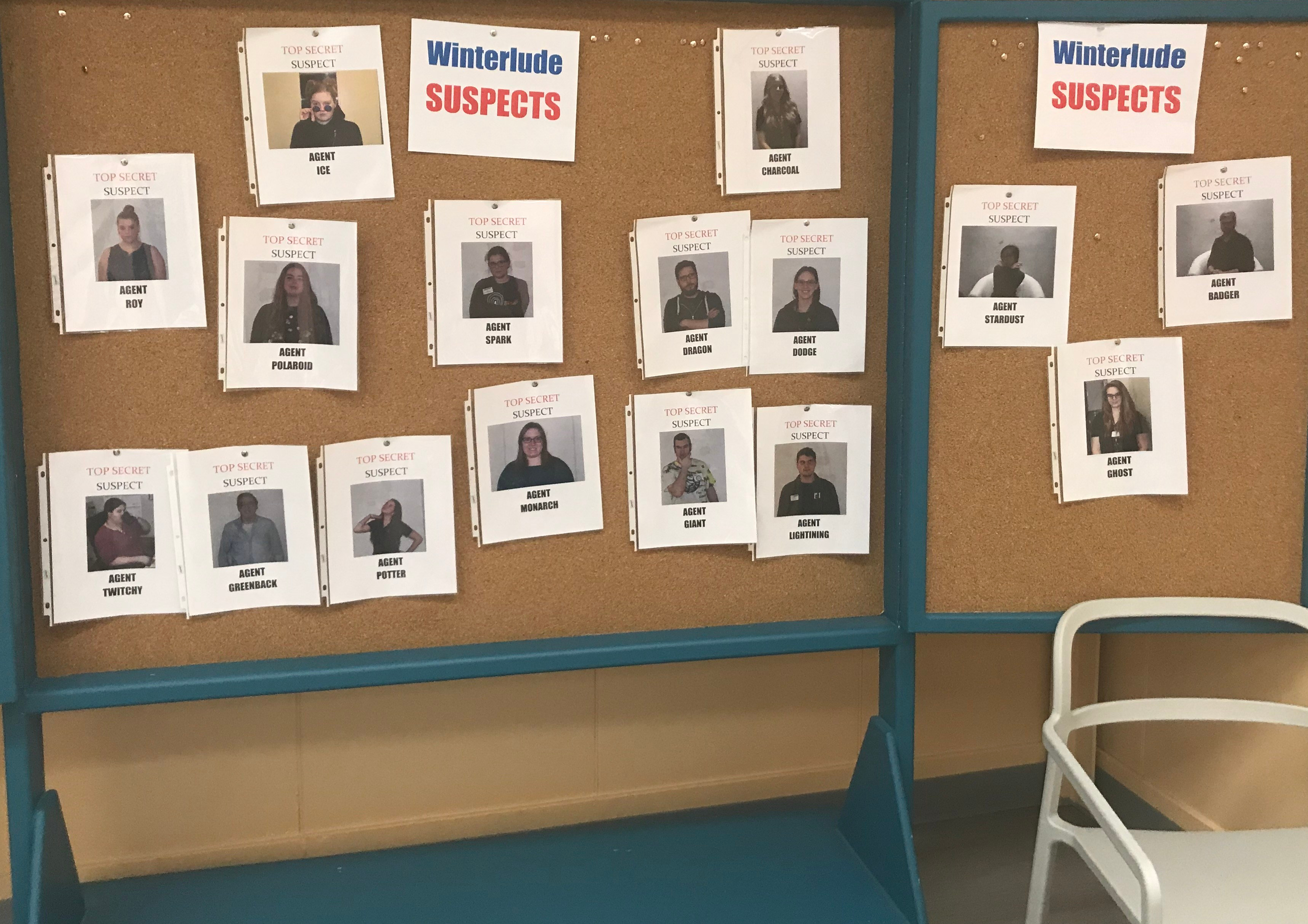Photos of Winterlude suspects for Spy Camp pinned on a bulletin board.