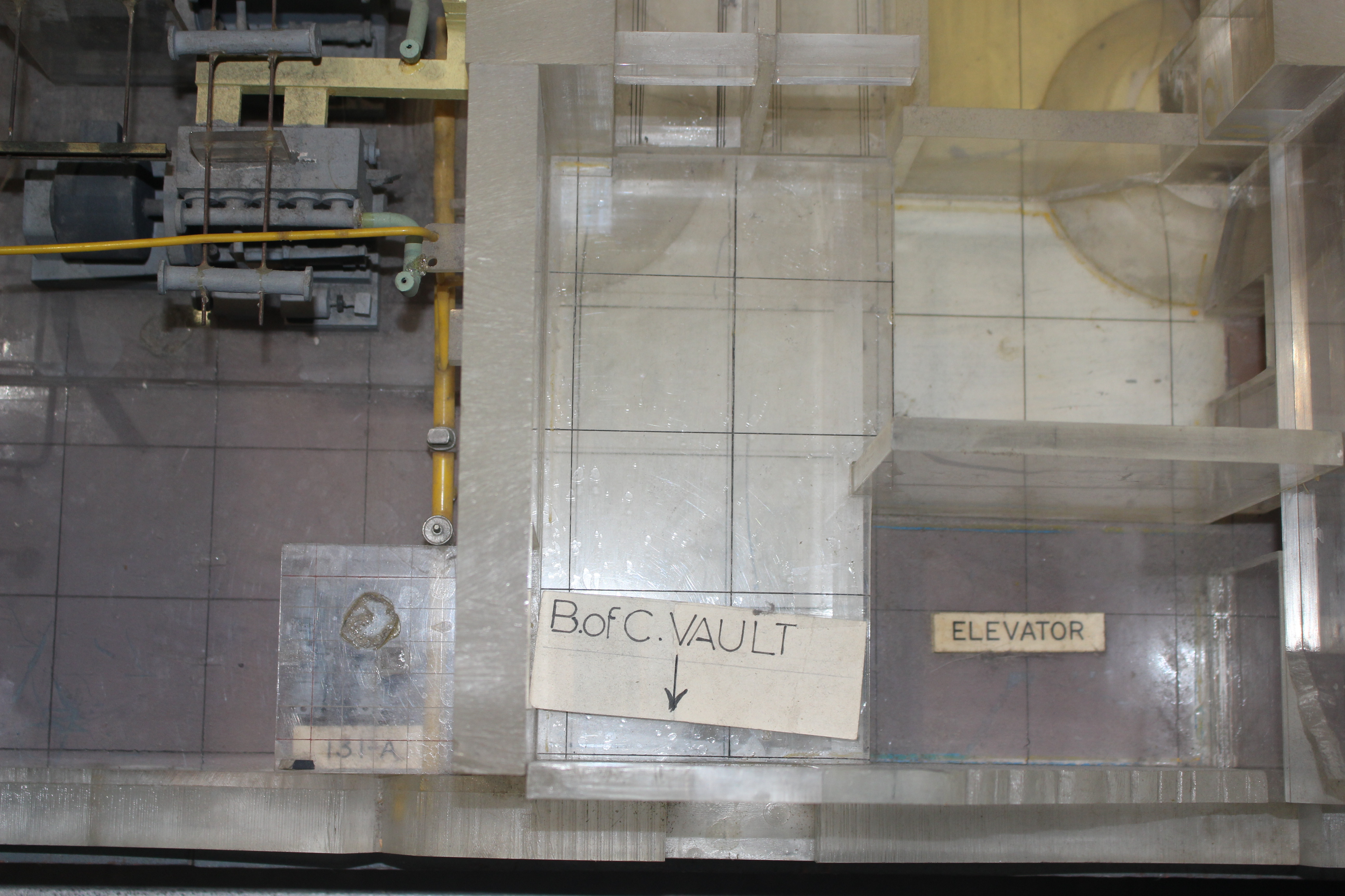 Details of the Model. Close-up of the Bank of Canada Vault and the elevator construction plan. 