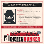 Graphic design for Spy Camp with a secret agent in the top left corner and the Diefenbunker logo at the bottom.