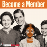 Graphic design of nuclear family smiling and the young girl is wearing a gas mask with "Become a Member" text overlayed at the top.
