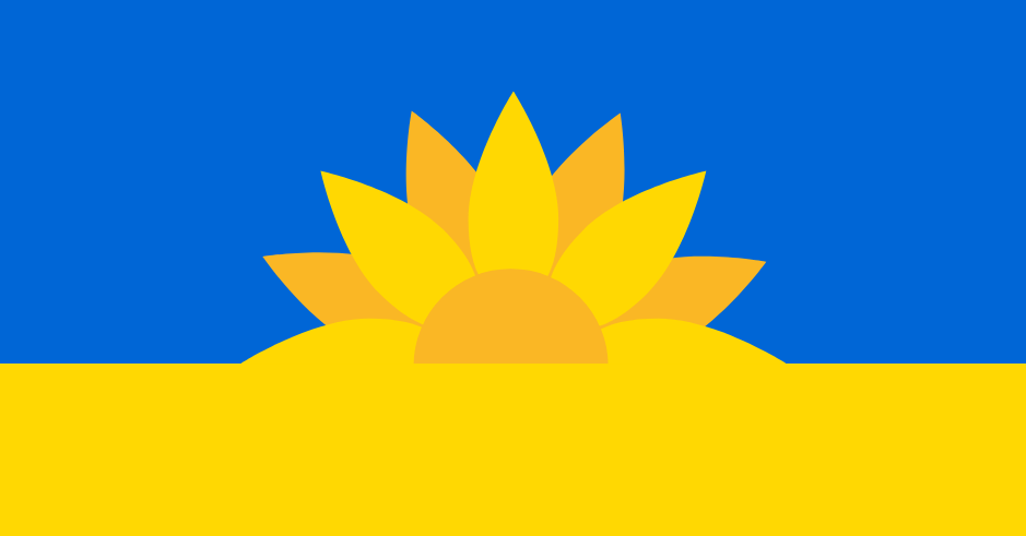 The blue and yellow colours of the Ukrainian flag with a sunflower coming out from the middle of the yellow section.