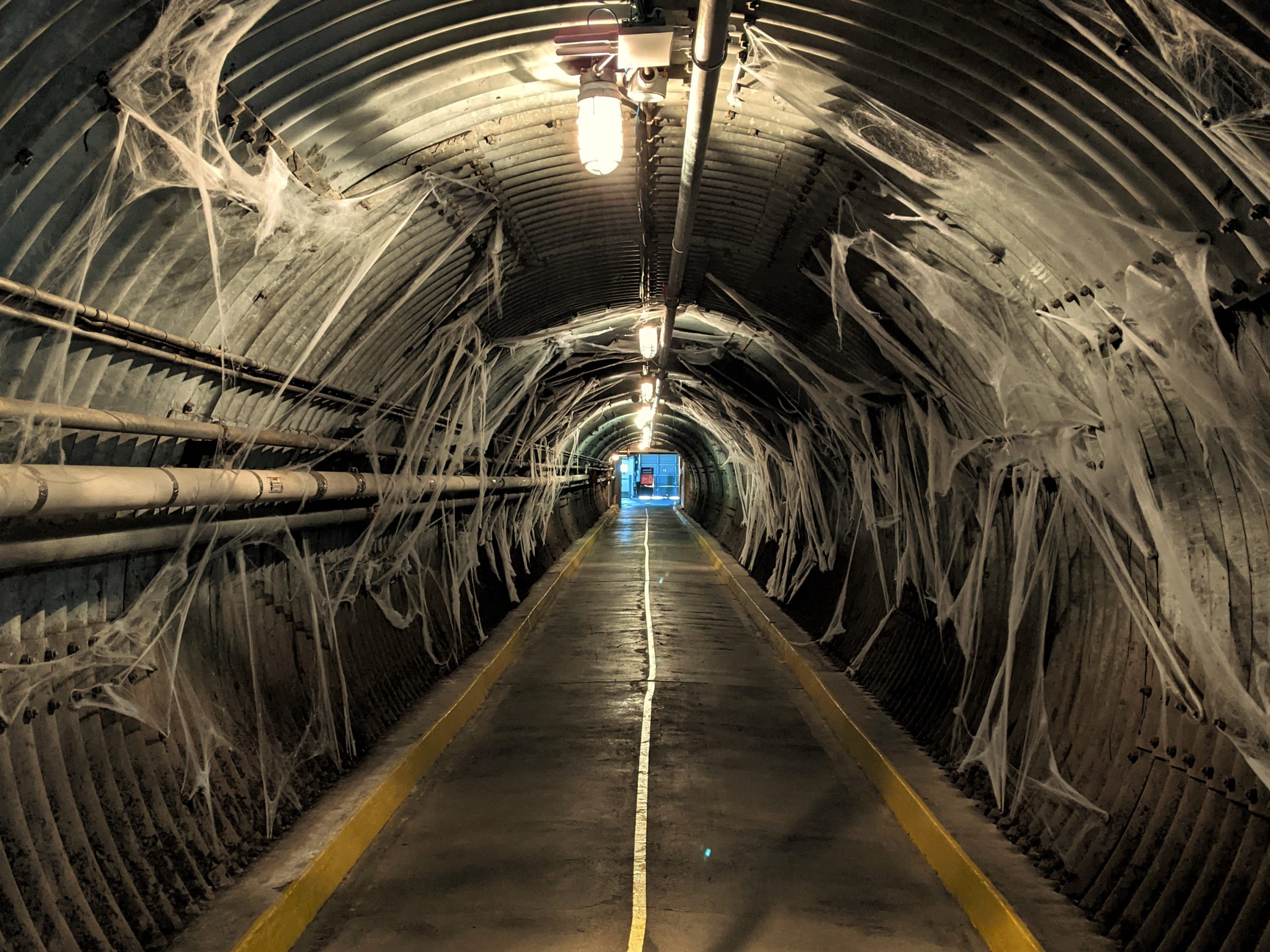 The Diefenbunker's Blast Tunnel descending into the background with spiderwebs covering the tunnel walls.