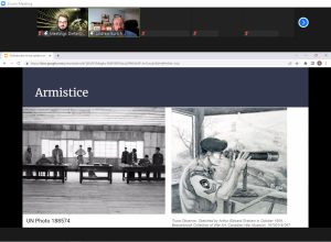 Screenshot from Dr. Andrew Burtch's discussion "Canada, the Cold War, and the Korean War" with the text "Armistice" overtop and two images: (L) 9 troops in an office and (R) a sketch of the "True Observer" looking to the right using a telescope.