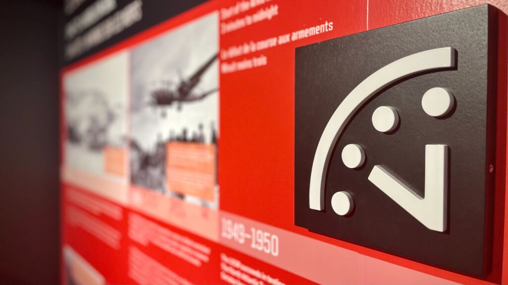 Close-up of the Doomsday Clock symbol in the Diefenbunker's "Canada and the Cold War" exhibition.