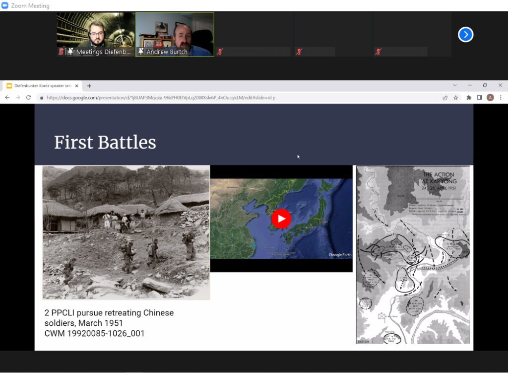 Screenshot from Dr. Andrew Burtch's discussion on "Canada, the Cold War, and the Korean War." Overview of maps from the first battles that Canadians fought in the Korean War.