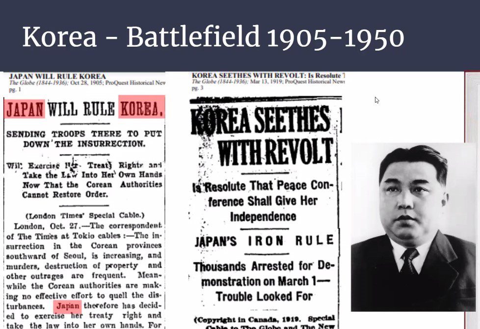 Screenshot from Dr. Andrew Burtch's discussion on "Canada, the Cold War, and the Korean War" of news articles from the Korean Battlefield of 1905-1950.