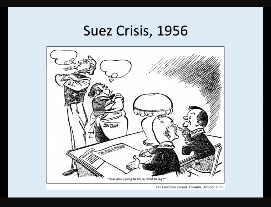 Screenshot from Dr. Asa McKercher's presentation, showing a political cartoon about the Suez Crisis,1956.