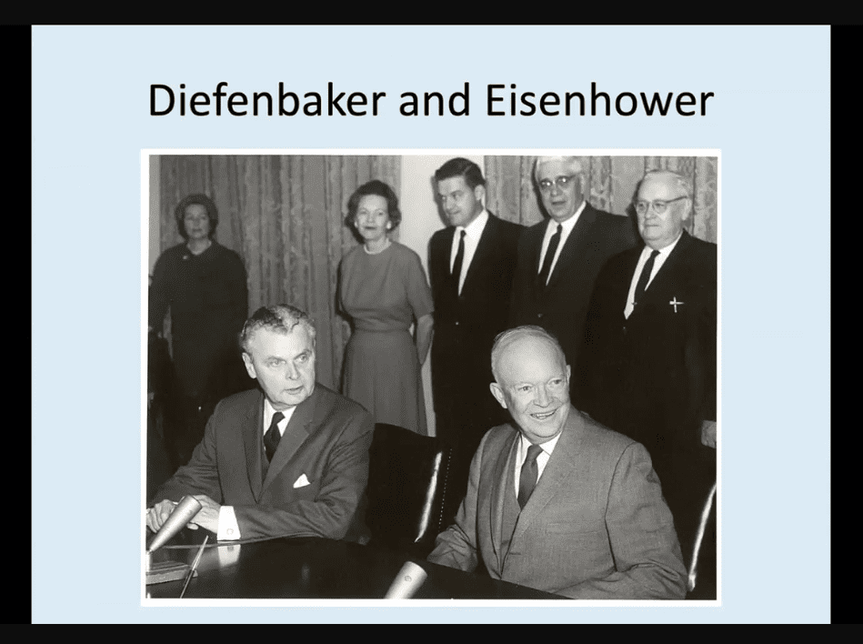 Screenshot from Dr. Asa McKercher's presentation, showing a photograph of Diefenbaker and Eisenhower.