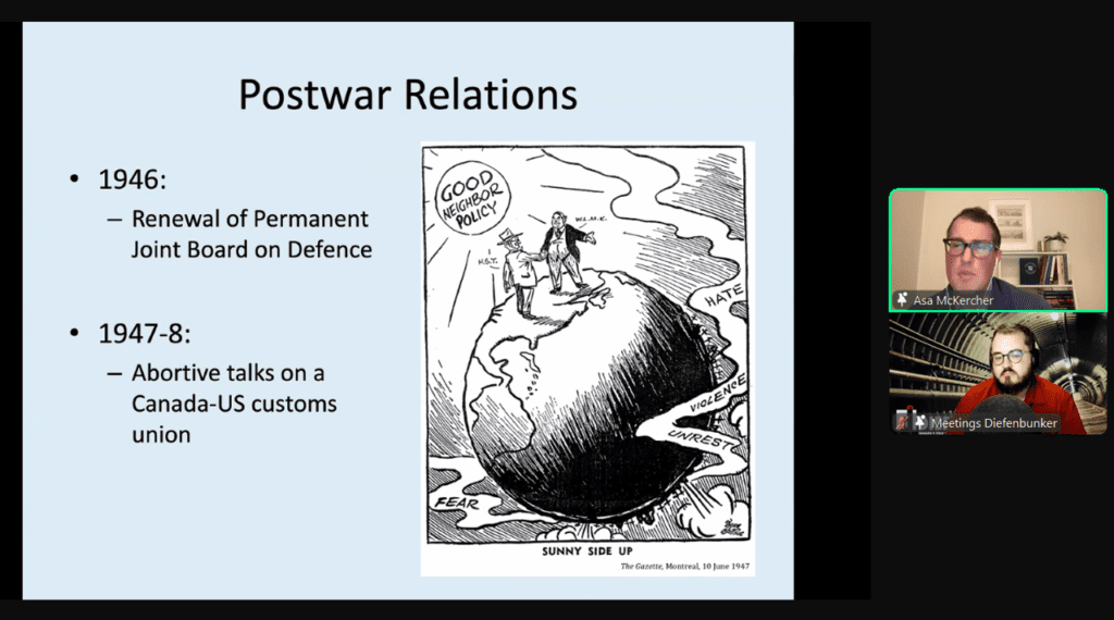 Screenshot from Dr. Asa McKercher's presentation, with a slide discussing Postwar Relations.