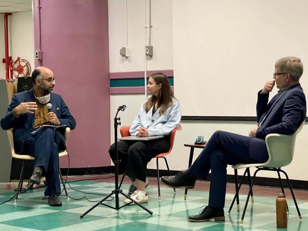 Pictured: (L-R): Dr. Inderbir Singh Riar, Charlotte Woodley, and Dr. Kevin Spooner discuss the adaptive reuse of architectural buildings.