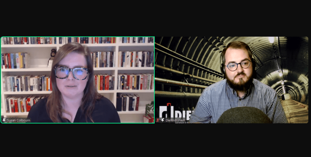 Screenshot of Dr. Susan Colbourn and Diefenbunker Curator Sean Campbell in a Zoom presentation.