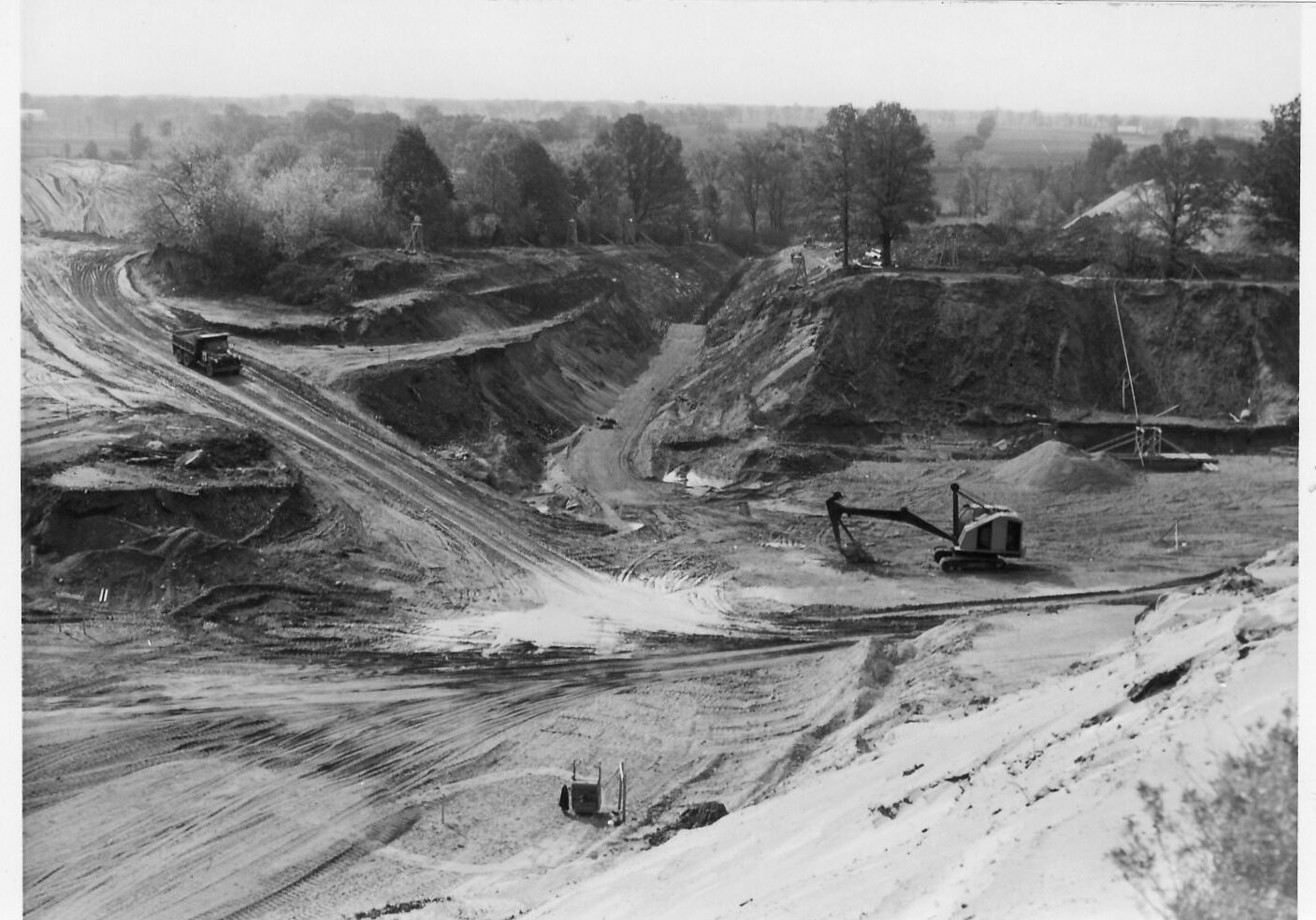 Historical image of large machinery digging and preparing the land where the Diefenbunker is to be built.