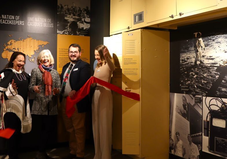 Cutting the ribbon with an Inuit ulu to officially open the Diefenbunker’s two new permanent exhibitions. Pictured left to right: Deborah Kigjugalik Webster, Curator of Heritage Collections with the Government of Nunavut; Susan McLeod, Diefenbunker Board Chair; Sean Campbell, Diefenbunker Curator; Christine McGuire, Diefenbunker Executive Director. Image courtesy of the Diefenbunker: Canada’s Cold War Museum.