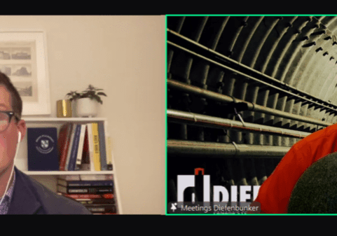 Split image: bookshelf with books and a dinosaur figure, and a subway train in a tunnel.