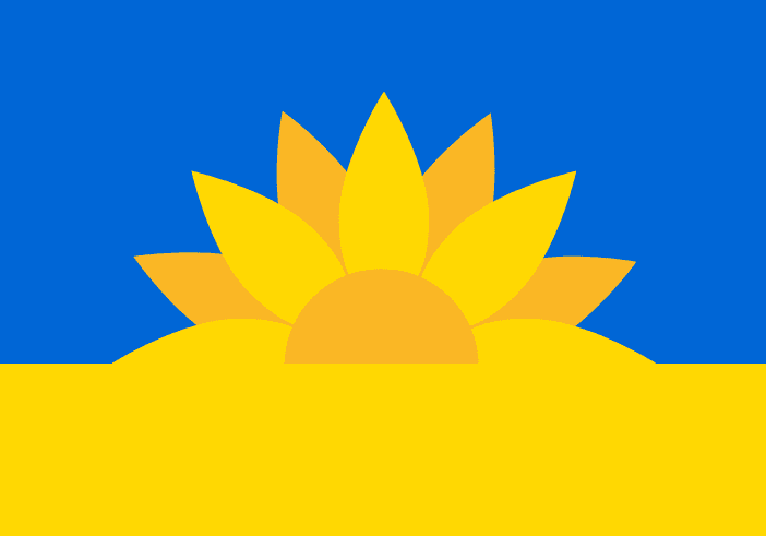 The blue and yellow colours of the Ukrainian flag with a sunflower coming out from the middle of the yellow section.